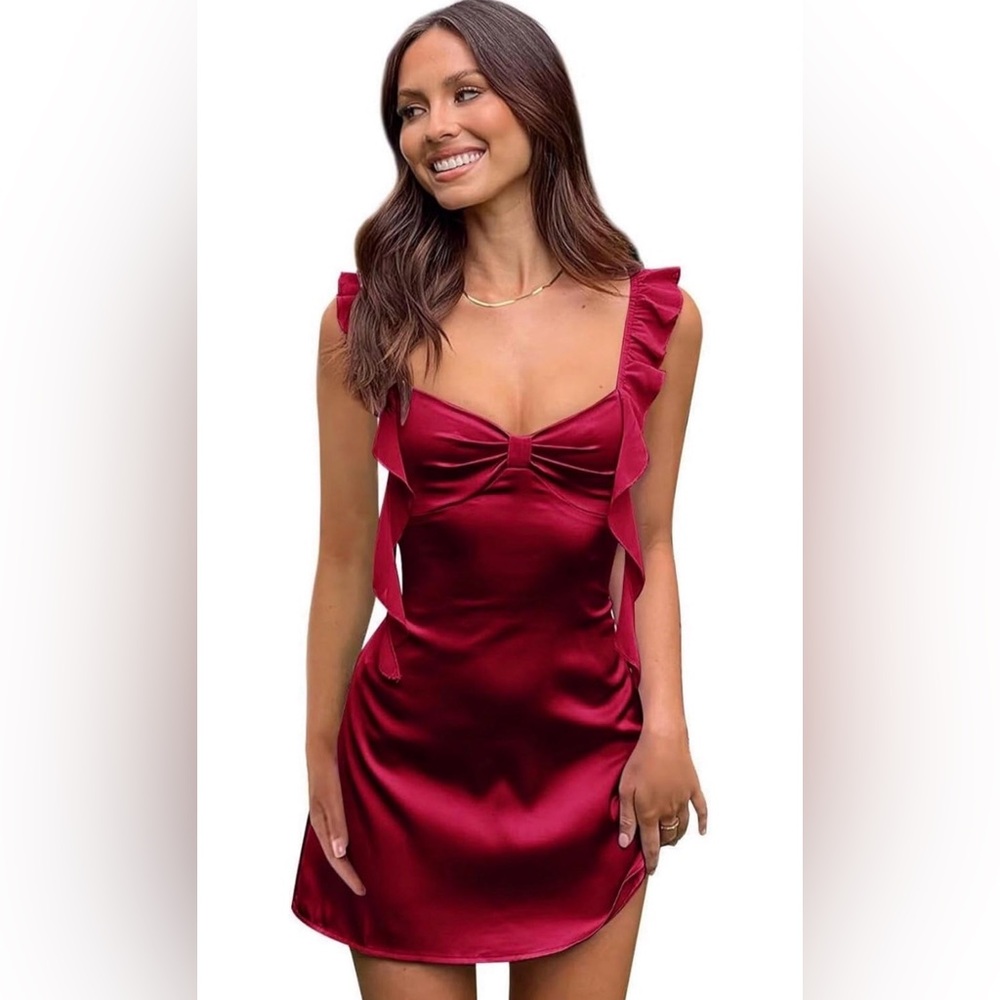 ❥𝐀𝐌𝐀𝐙𝐎𝐍: Satin Short Cocktail Dress - Burgundy
